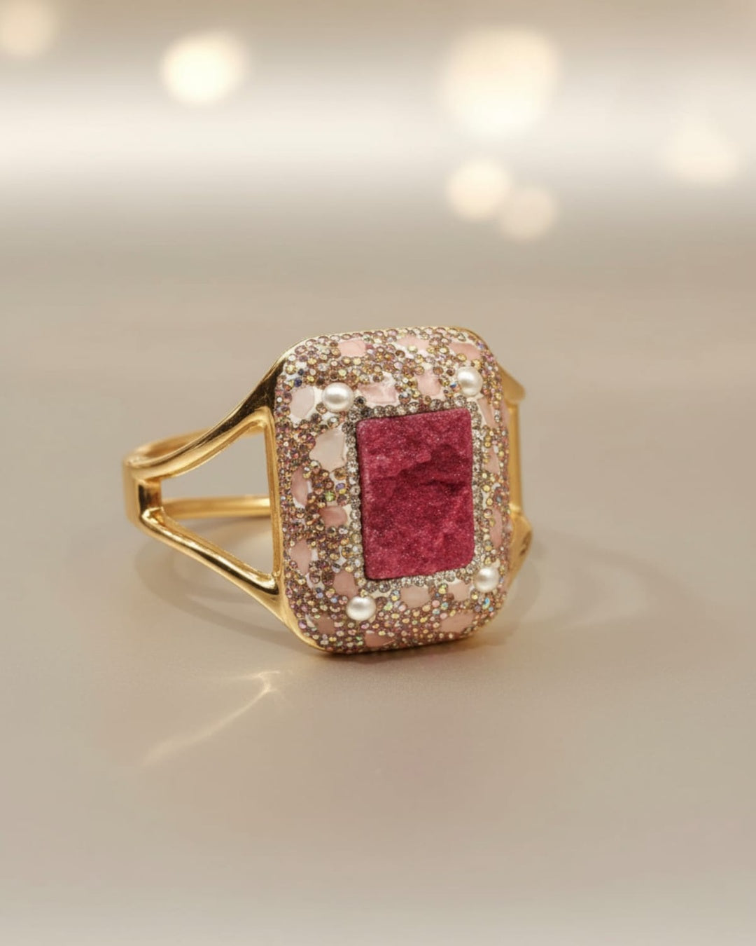 Rose Quartz Bold Bracelet with Small Pearls