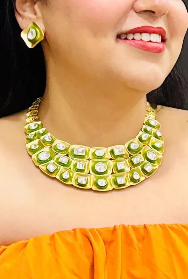 14k Gold Plated Golden Green Polki Necklace With Earrings