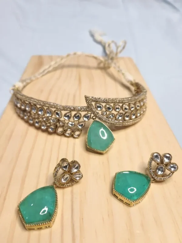 Mint Russian Double Polki Necklace With Earrings