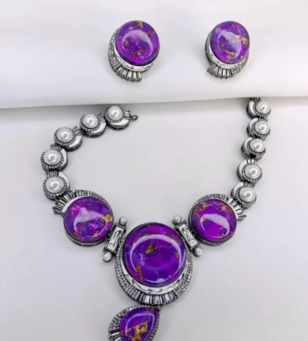 Purple Russian Double Stone With Pearl - Black Polish Necklace With Earrings